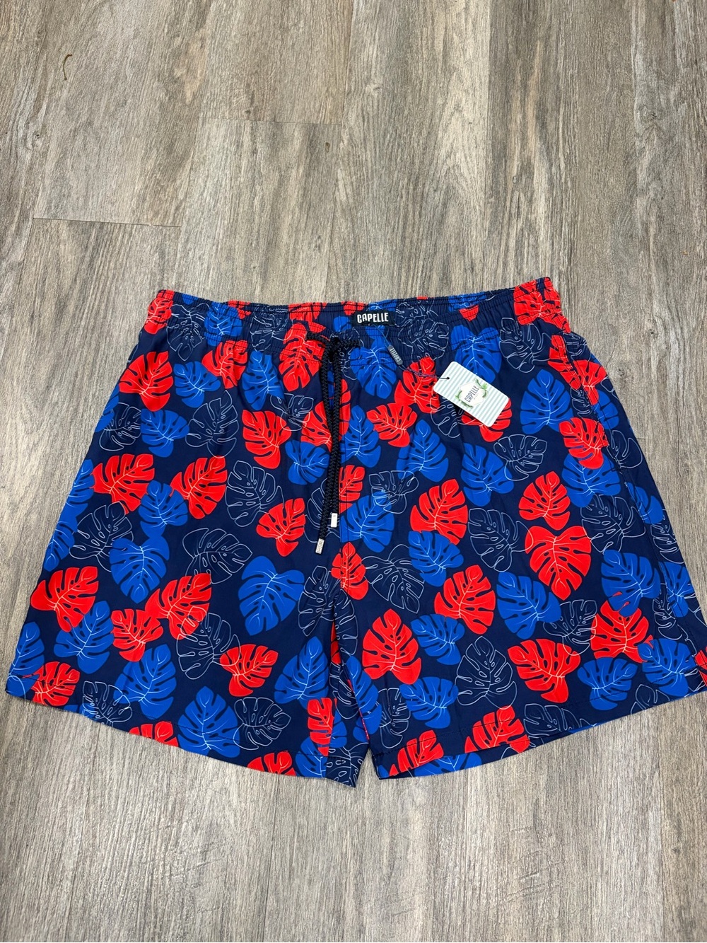Capelle Miami Men’s Navy Blue Red & Royal Leaf Print Swim Trunks